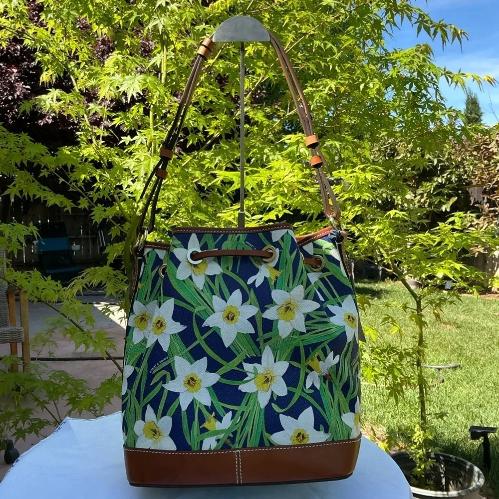 Dooney & Bourke Daffodil Navy Floral Drawstring Bucket Hobo Shoulder Bag Set NWT